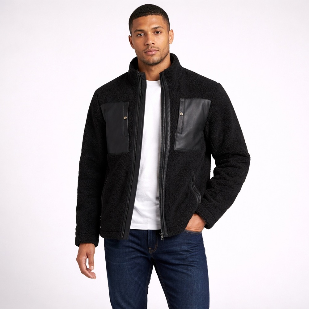 Michael Kors Men’s Sherpa-Fleece Mixed Media Jacket – Black – Size Large
